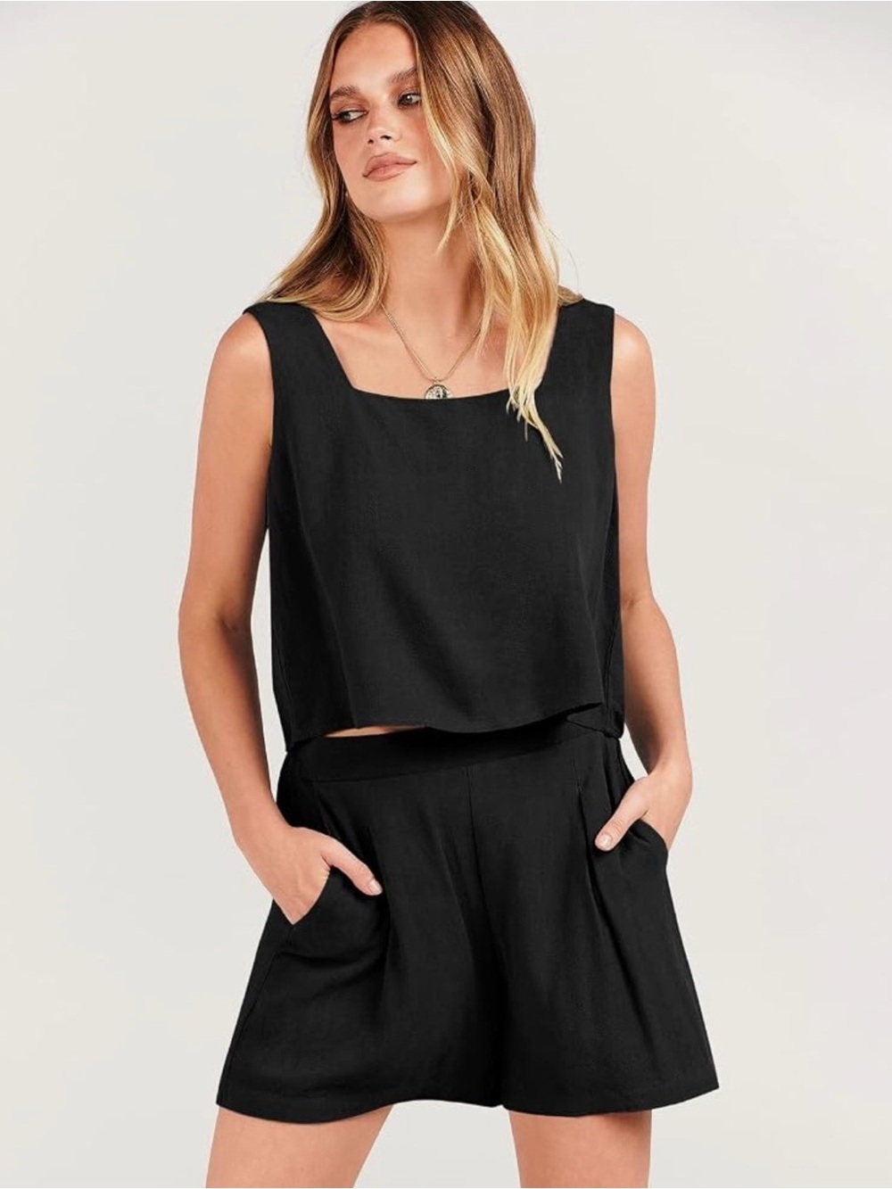 Anrabess Black Sleeveless Crop Top & High-Waist Shorts Set